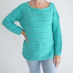 Vintage Across America Teal Textured Knit Pullover Sweater Cabincore L